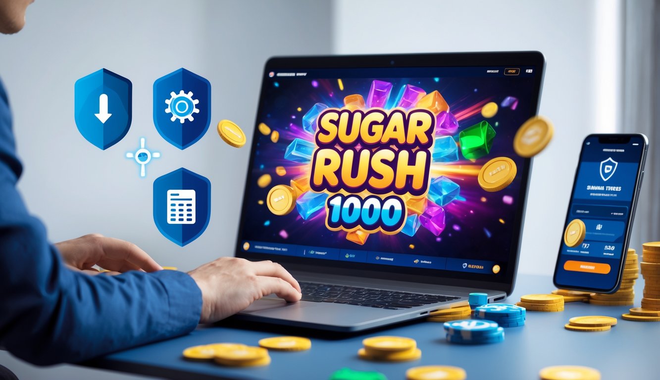 Seorang pria sedang menggunakan laptop dengan tampilan permainan Sugar Rush 1000 di layar dalam suasana ruang kerja yang rapi dan terang.