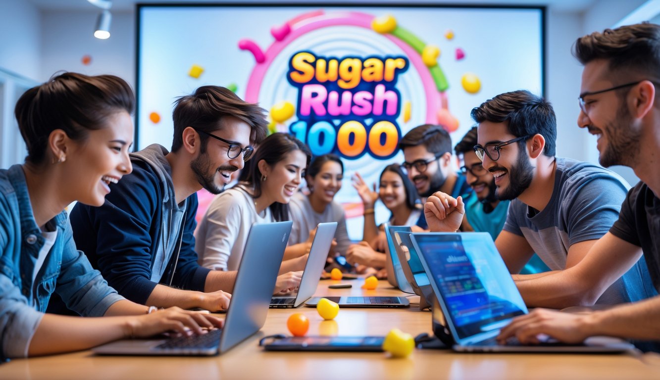 Sekelompok orang bermain game online Sugar Rush 1000 dengan perangkat digital di ruangan terang dan penuh warna.