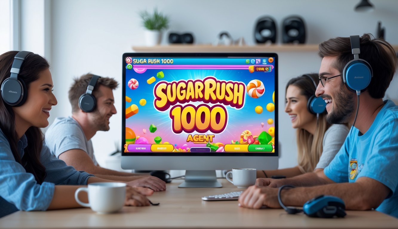 Sebuah ruang bermain game online dengan komputer yang menampilkan permainan Sugar Rush 1000, di mana dua orang sedang fokus dan menikmati permainan.