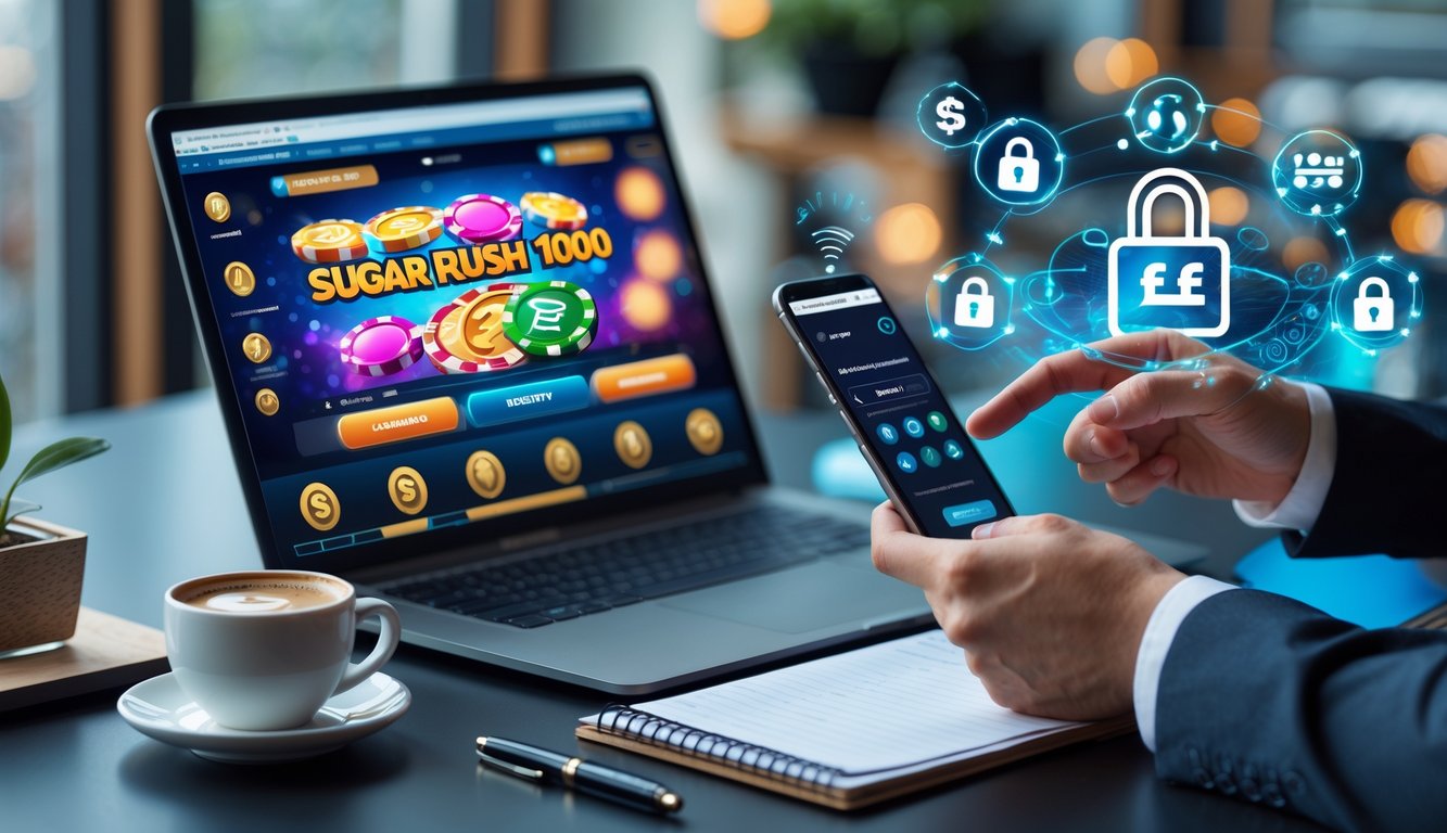 Seseorang menggunakan laptop dan ponsel di meja kerja yang rapi untuk melakukan transaksi deposit dan penarikan uang secara online dengan suasana yang aman dan profesional.