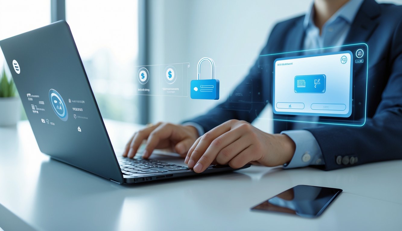 Seseorang menggunakan laptop di meja bersih untuk melakukan transaksi online dengan suasana yang aman dan profesional.