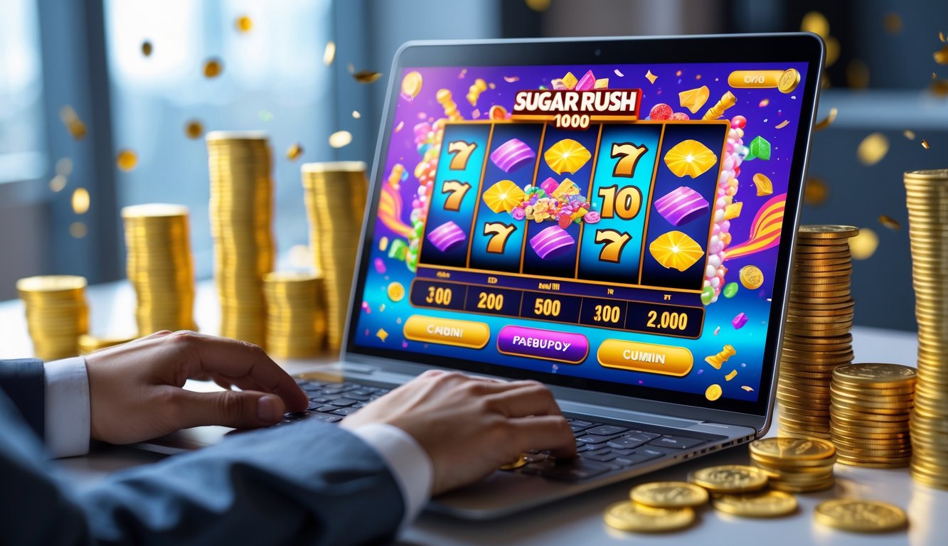 Seseorang menggunakan komputer dengan tampilan permainan slot bertema permen dan jackpot tinggi di layar.
