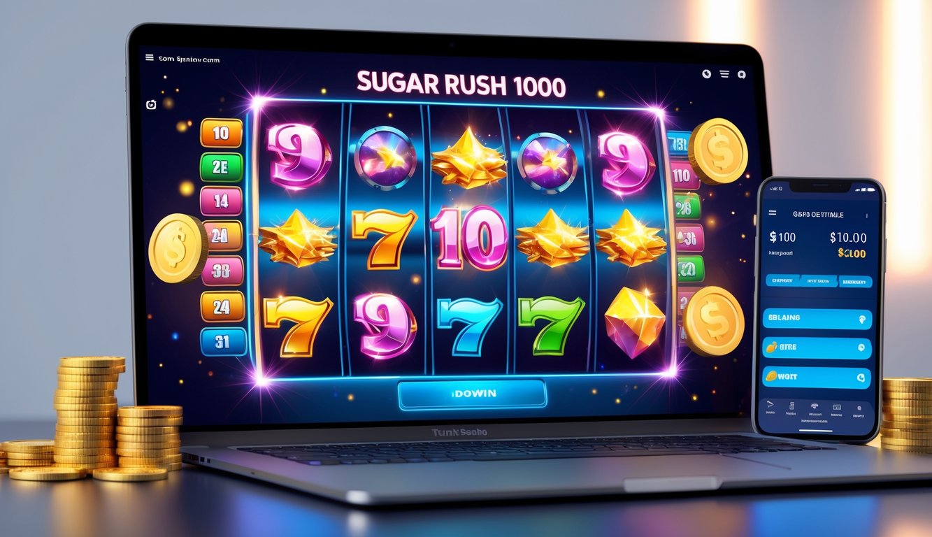 Sebuah layar komputer menampilkan permainan slot digital dengan simbol jackpot dan koin digital di sekitarnya.