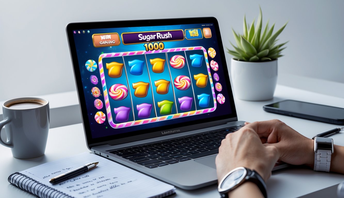 Seorang pemain duduk di depan laptop dengan permainan slot bertema permen di layar, di sampingnya terdapat catatan dan secangkir kopi.