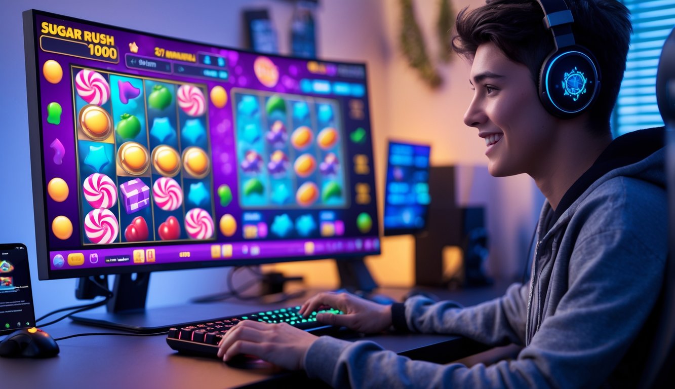 Seorang pemain muda yang fokus bermain game Sugar Rush 1000 online di depan komputer dengan latar ruang kerja nyaman.