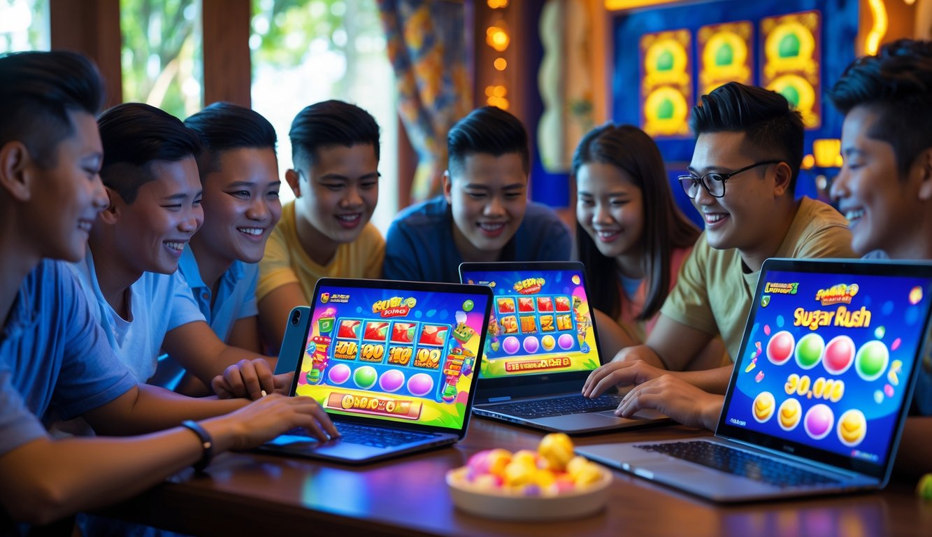 Sekelompok orang muda bermain permainan slot online Sugar Rush 1000 di laptop dan ponsel di ruangan yang nyaman dengan dekorasi khas Indonesia.