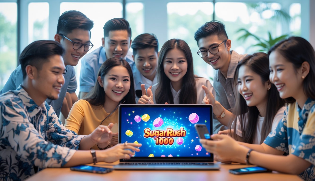 Sekelompok orang muda sedang bermain game online Sugar Rush 1000 dengan laptop dan ponsel di ruangan modern yang terang.