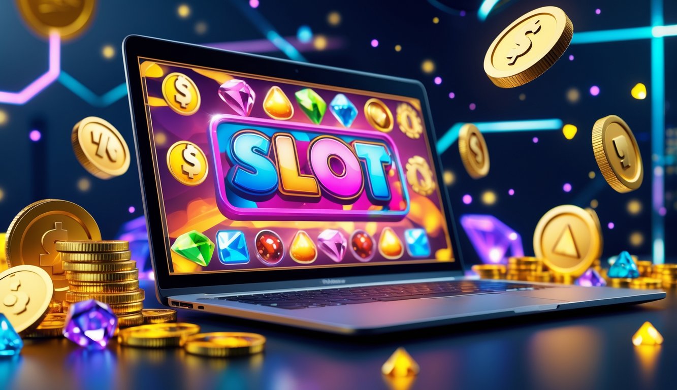 Sebuah ruang kerja modern dengan laptop yang menampilkan permainan slot bertema permen dan elemen simbol bonus seperti koin emas dan permata.