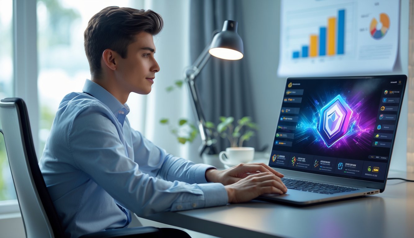 Seorang dewasa muda duduk di meja modern menggunakan laptop dengan tampilan permainan online di layar, di ruang kerja rumah yang terang dan rapi.