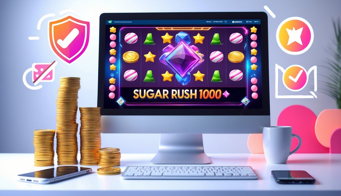 Seorang pengguna duduk di depan komputer dengan tampilan permainan slot online berwarna-warni, dikelilingi simbol keamanan dan uang, di meja kerja yang rapi.