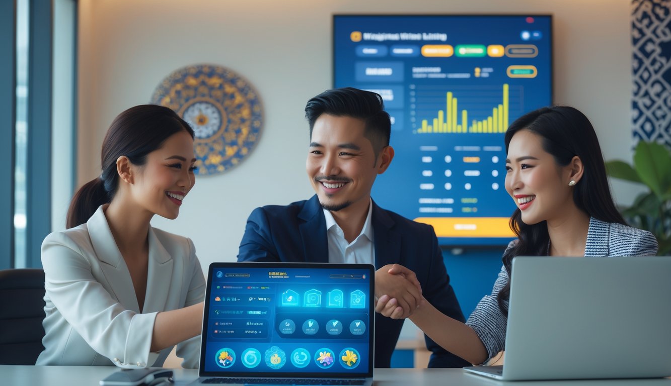 Seorang pria dan wanita Asia Tenggara berjabat tangan di kantor modern dengan laptop dan ponsel di meja, menunjukkan suasana profesional dan terpercaya.