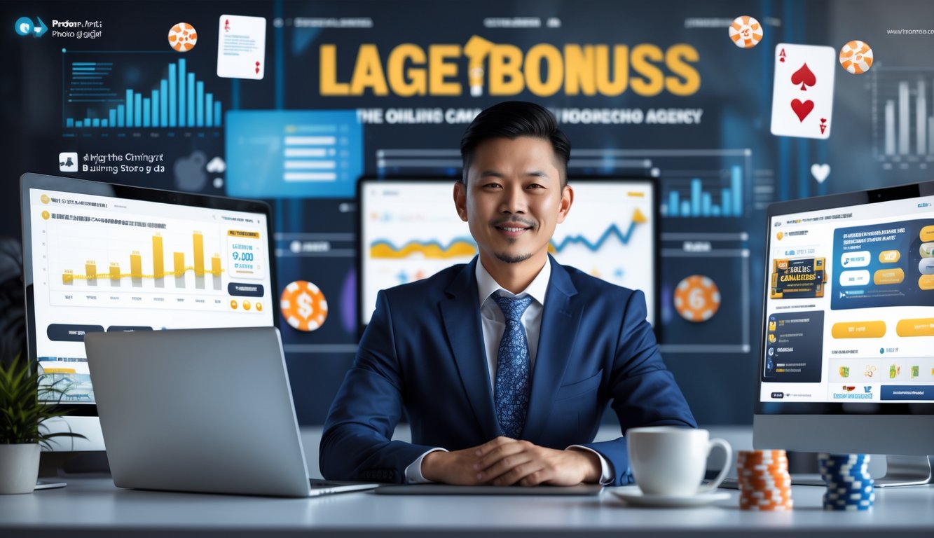 Seorang pria bisnis Asia Tenggara duduk di meja kantor modern dengan beberapa layar komputer yang menampilkan platform judi online dan grafik, menunjukkan suasana profesional dan terpercaya.