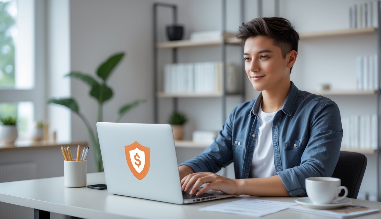 Seorang dewasa muda duduk di meja dengan laptop, fokus mencari agen judi online yang resmi dan aman di ruang kerja yang rapi.