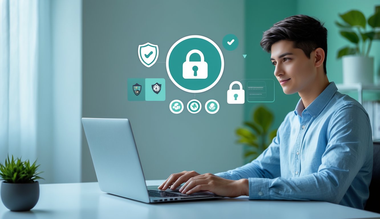 Seorang dewasa muda duduk di meja modern menggunakan laptop dengan simbol keamanan online di sekitarnya.