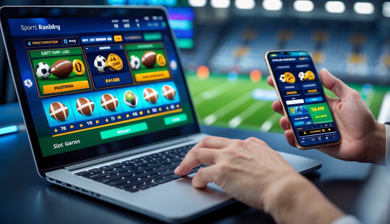 Seseorang menggunakan laptop dan ponsel untuk taruhan bola dan permainan slot online di meja kerja yang rapi.