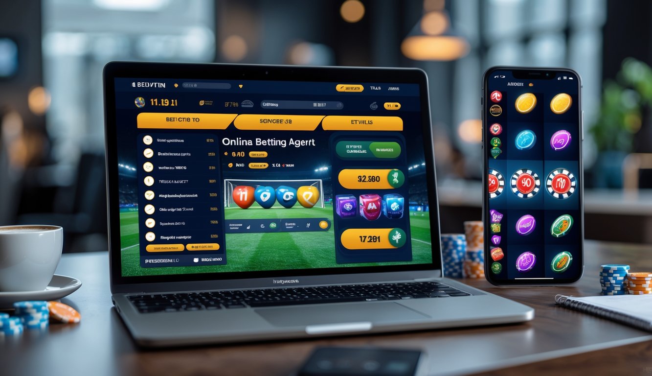 Seorang pria menggunakan laptop dan smartphone dengan tampilan situs taruhan bola dan mesin slot di meja kerja yang rapi.