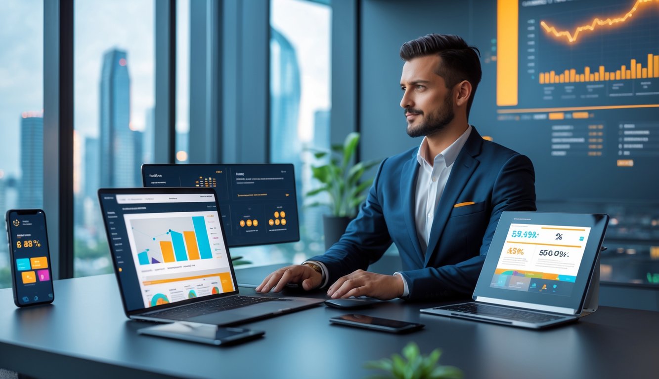 Seorang profesional duduk di meja kerja dengan beberapa perangkat digital, menampilkan data dan grafik terkait agen judi online, di dalam kantor modern dengan pemandangan kota di latar belakang.