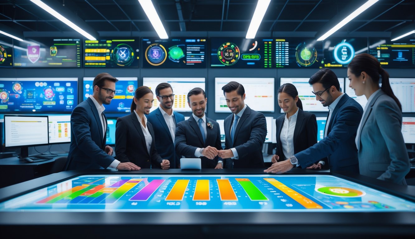 Sekelompok profesional bekerja bersama di kantor modern dengan layar digital menampilkan data dan grafik terkait agen judi online terpercaya.