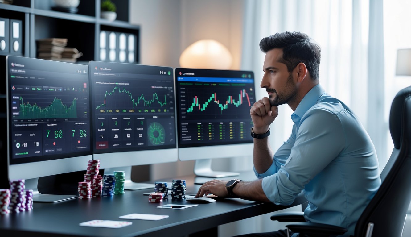 Seorang pria duduk di meja dengan beberapa layar komputer menampilkan permainan judi online dan grafik, sedang menganalisis data dalam ruangan kantor rumah yang terang dan rapi.