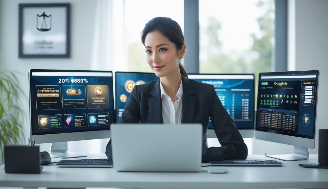 Seseorang duduk di meja dengan beberapa layar komputer yang menampilkan situs judi online, terlihat fokus dan serius di sebuah ruangan kantor yang terang dan rapi.