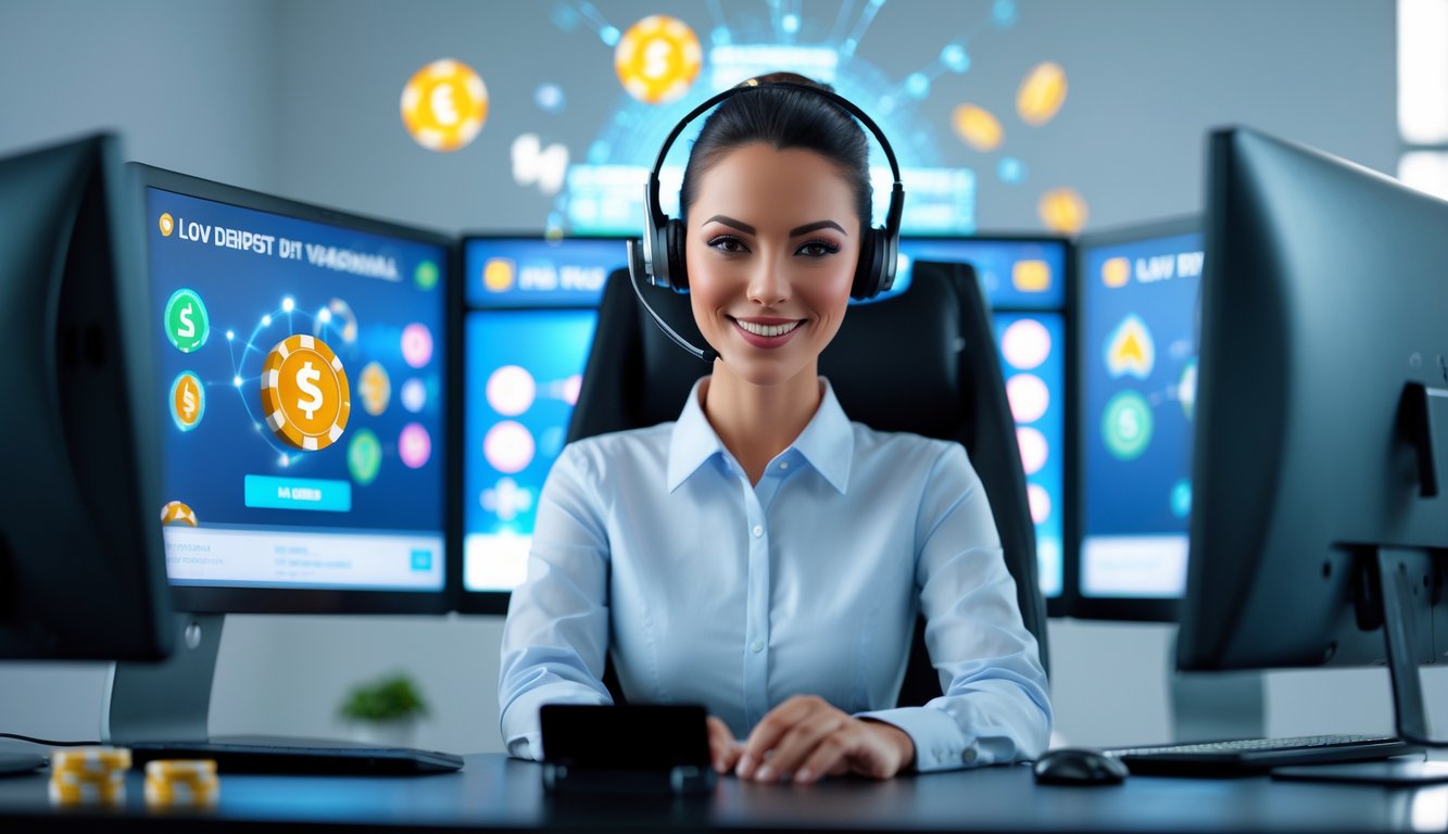 Seorang perwakilan layanan pelanggan yang ramah duduk di depan komputer dengan layar menampilkan grafik terkait judi online dan simbol transaksi keuangan.