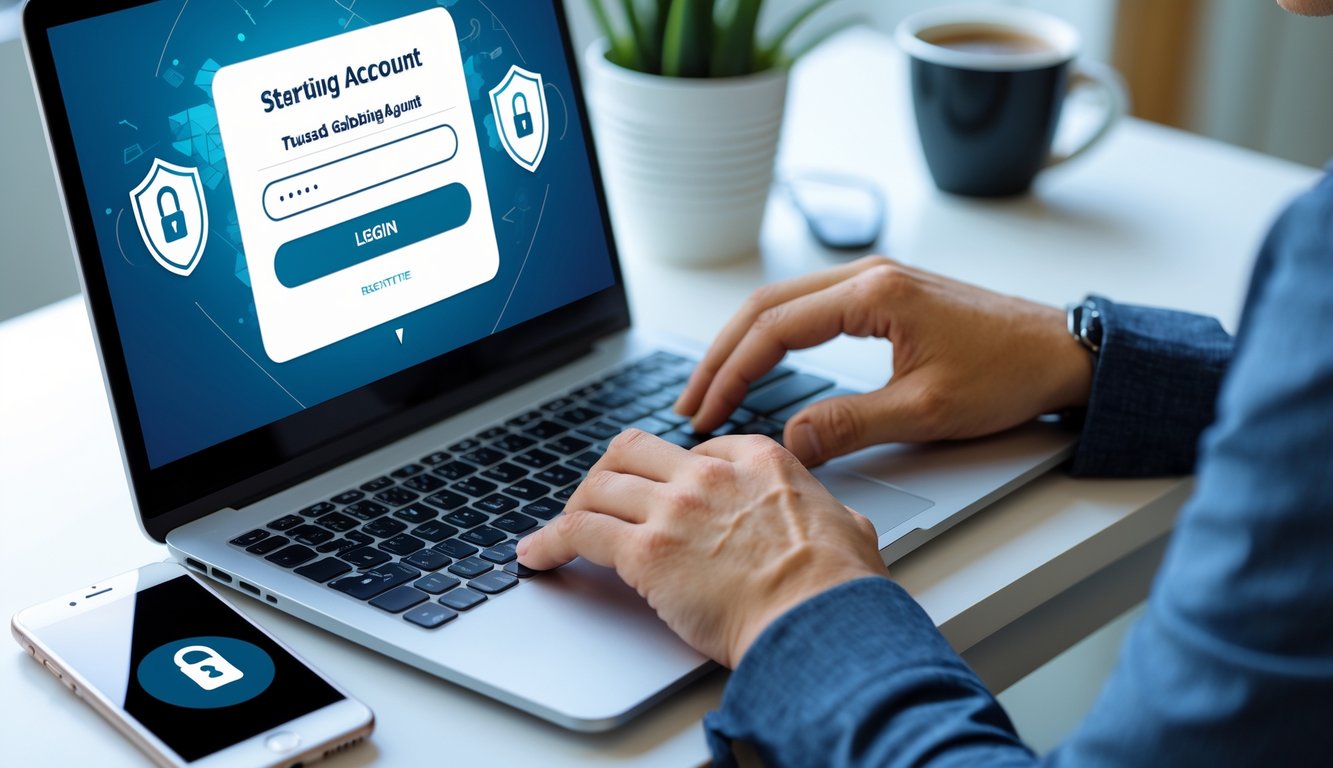 Seseorang sedang menggunakan laptop di meja kerja untuk memulai akun di platform judi online terpercaya.