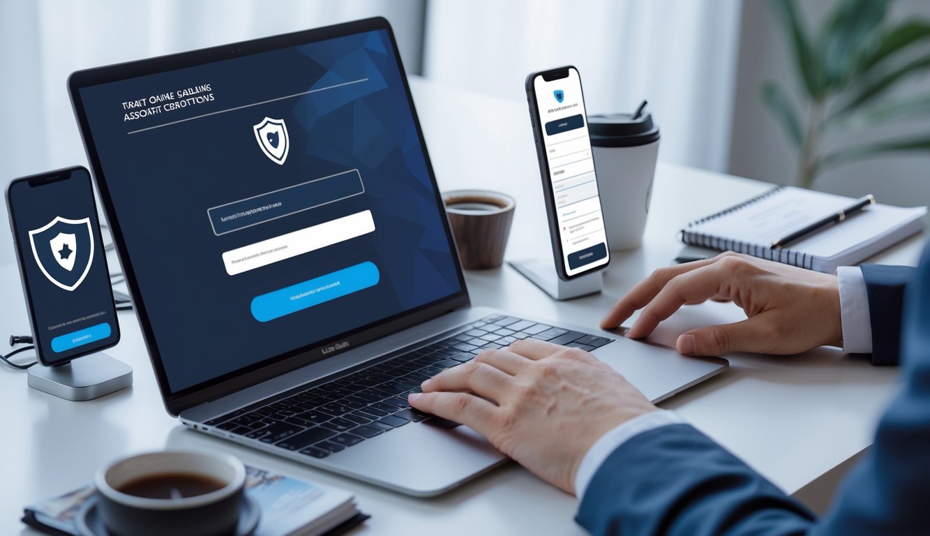 Seseorang sedang mengetik di laptop dengan layar formulir pendaftaran akun, di meja terdapat ponsel dan alat tulis, suasana kerja yang rapi dan terang.