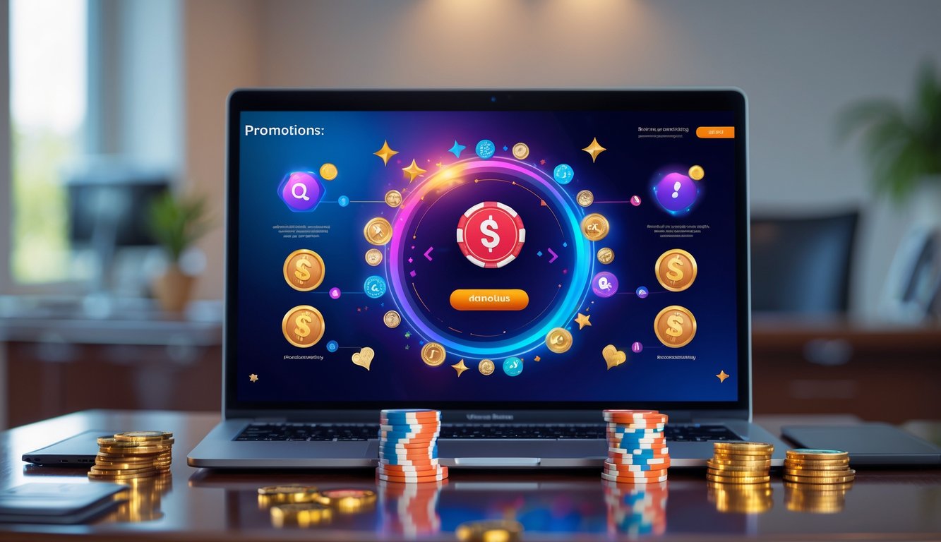 Seorang pengguna sedang melihat layar komputer dengan ikon promosi dan bonus judi online, dikelilingi chip poker dan kartu remi di atas meja kayu.