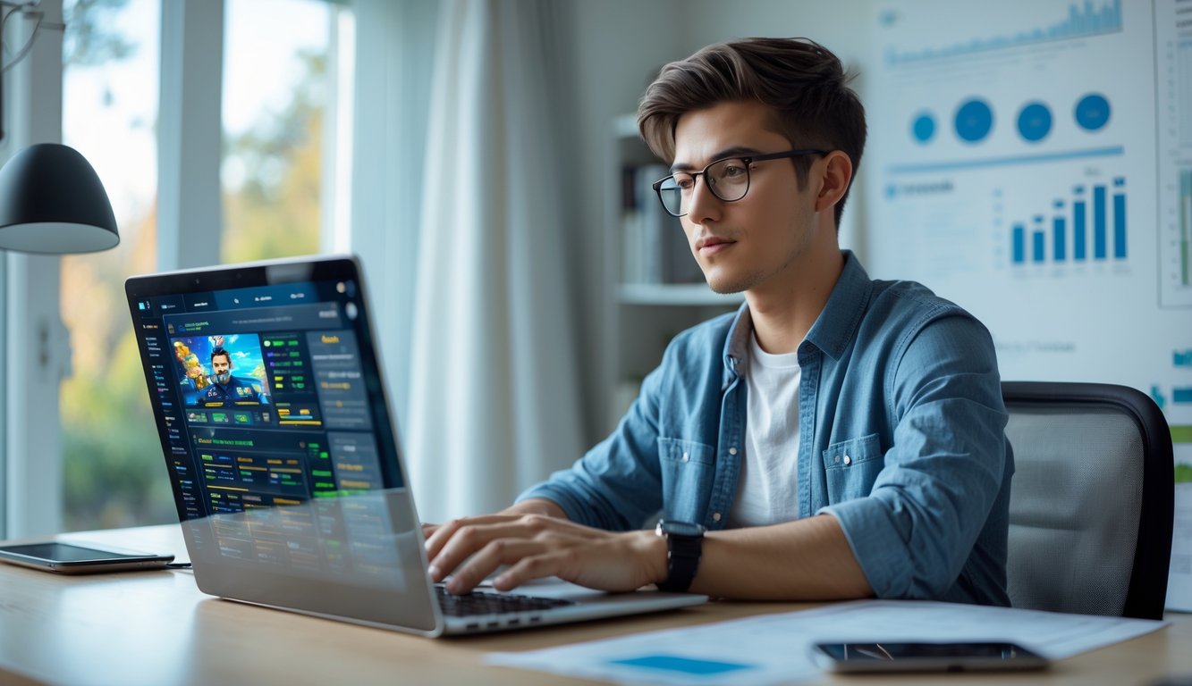 Seorang pria muda duduk di meja kerja dengan laptop, fokus memikirkan strategi di ruang kerja yang rapi dan terang.