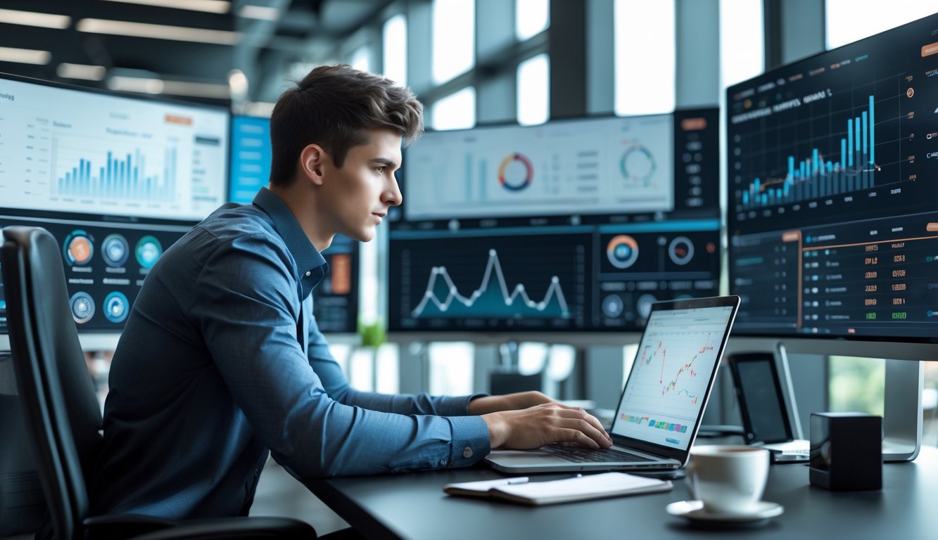 Seorang pria muda duduk di meja kantor menggunakan laptop dengan beberapa layar monitor menampilkan grafik dan data di latar belakang.