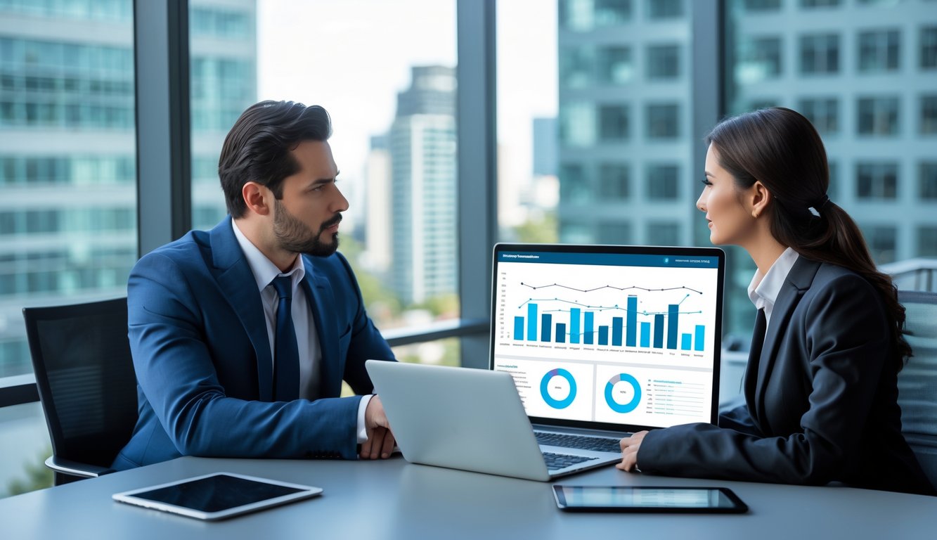 Dua profesional bisnis berdiskusi di kantor modern dengan laptop dan perangkat digital yang menampilkan data statistik.