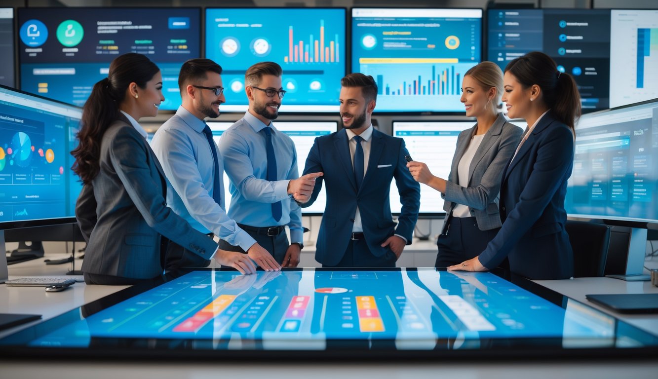 Sekelompok profesional sedang berdiskusi di depan layar digital besar yang menampilkan grafik dan data terkait agen judi online.
