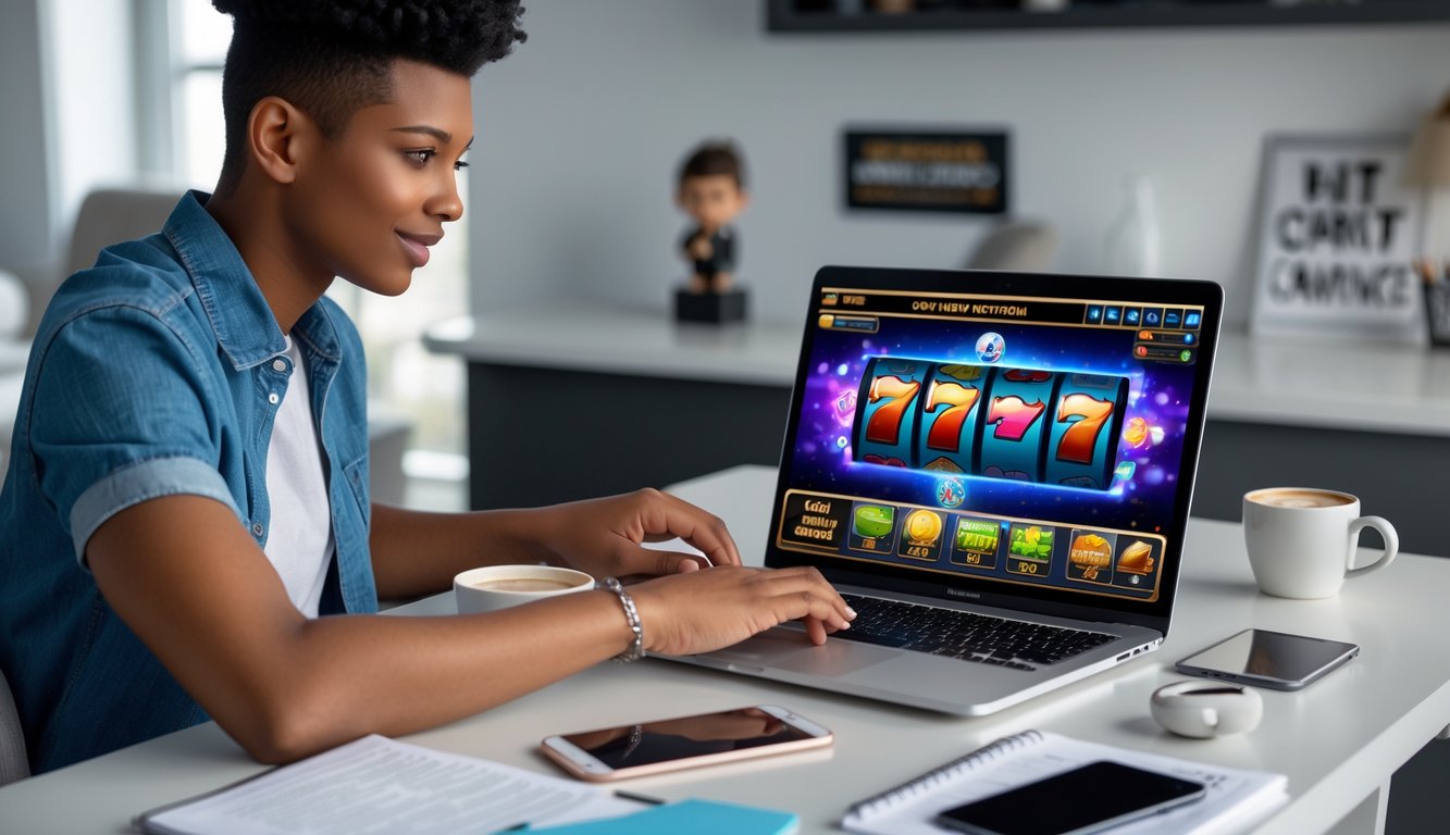 Seorang dewasa muda duduk di meja dengan laptop yang menampilkan permainan slot online, di lingkungan ruang kerja rumah yang rapi dan terang.
