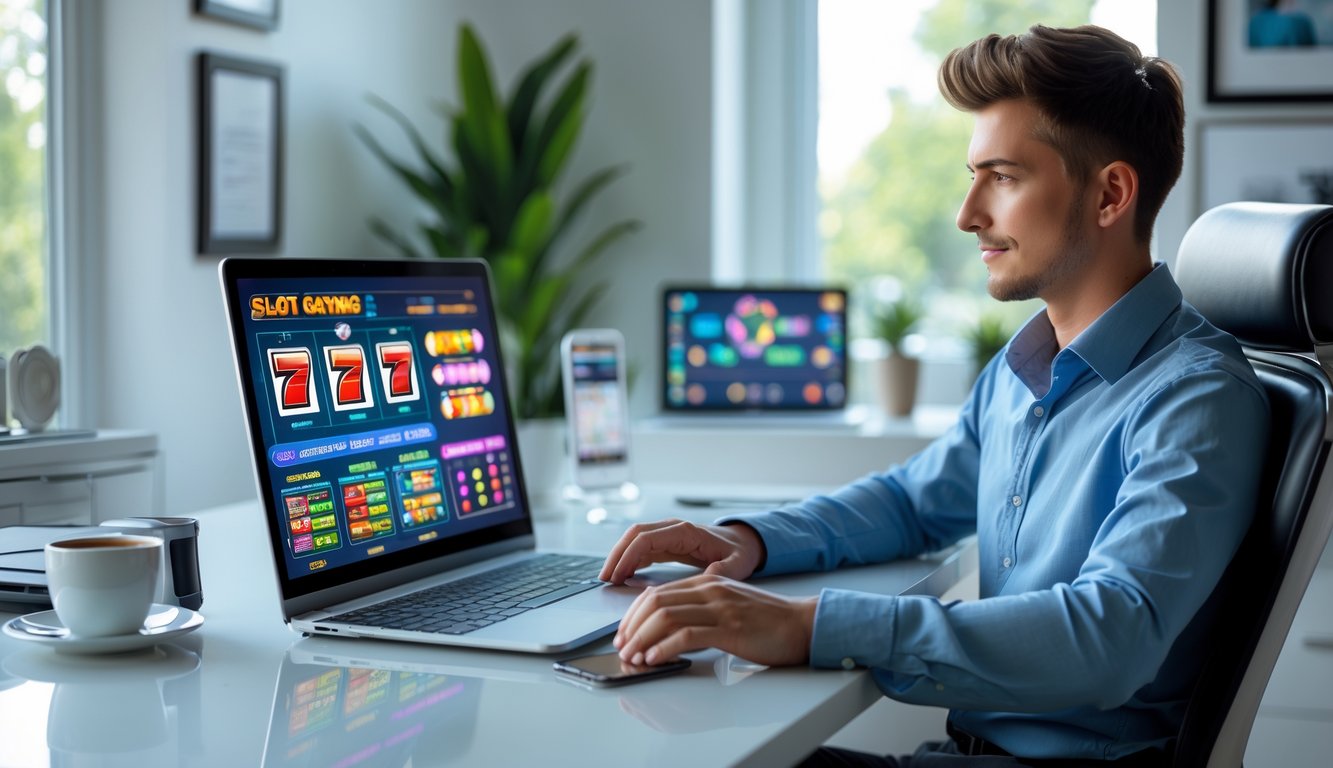 Seorang pria muda duduk di meja modern dengan laptop yang menampilkan permainan slot online, di ruang kerja rumah yang terang dan rapi.