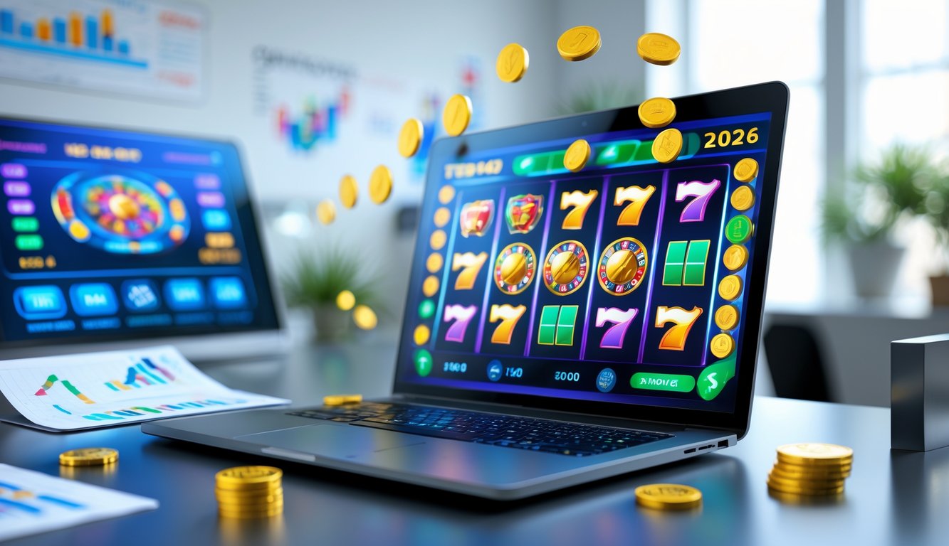 Seorang profesional menggunakan komputer dengan layar menampilkan permainan slot online dan grafik strategi di meja kerja yang rapi.