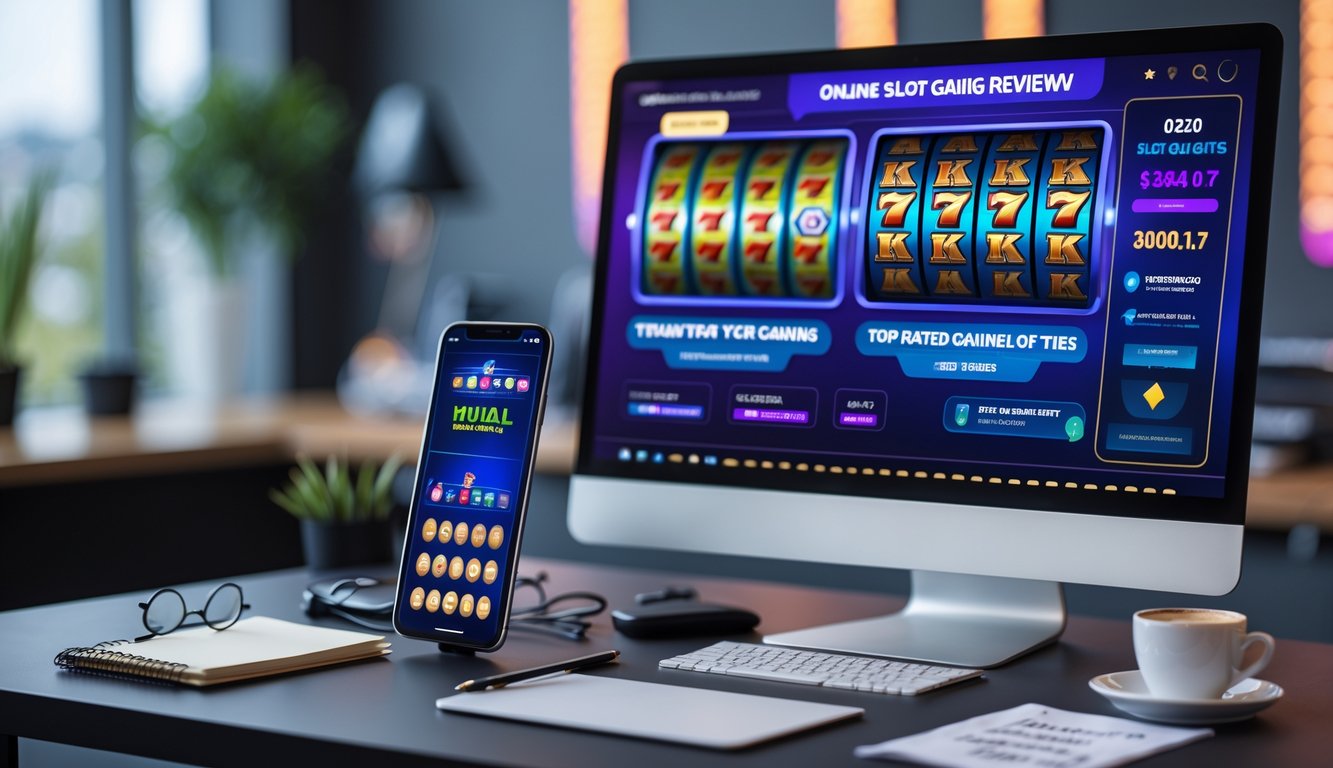 Meja kerja modern dengan komputer menampilkan grafik permainan slot online dan berbagai perangkat seperti ponsel, buku catatan, dan cangkir kopi.