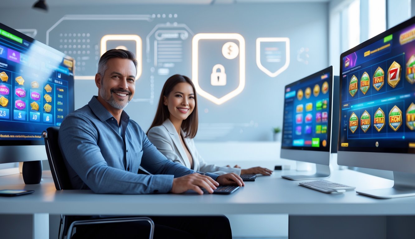 Dua orang dewasa duduk di depan komputer dengan layar menampilkan permainan slot online, suasana kantor modern yang profesional.