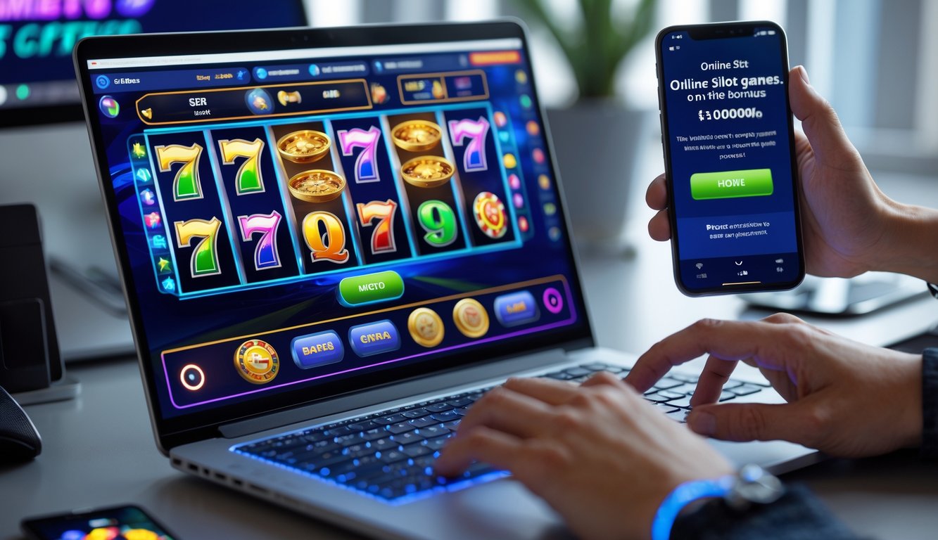 Seseorang menggunakan laptop dan ponsel dengan layar menampilkan permainan slot online dan notifikasi bonus.