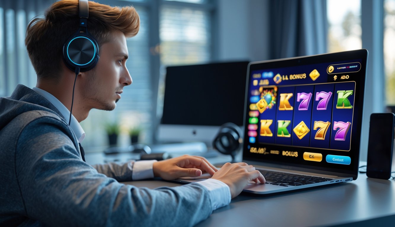 Seorang pria muda duduk di meja dengan laptop yang menampilkan permainan slot online, di ruang kerja modern yang terang.