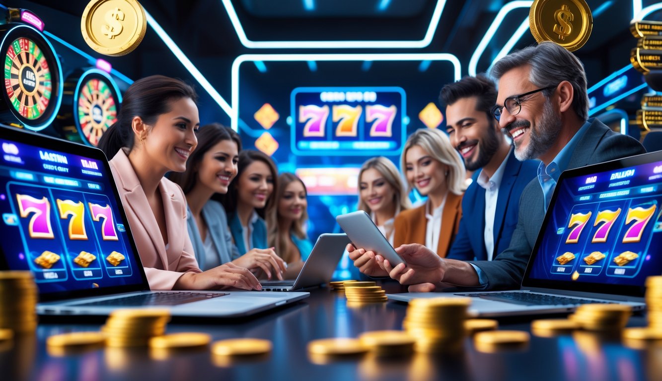 Beberapa orang bermain slot online dengan perangkat digital, terlihat bahagia dan fokus di lingkungan kasino virtual yang cerah dan menarik.