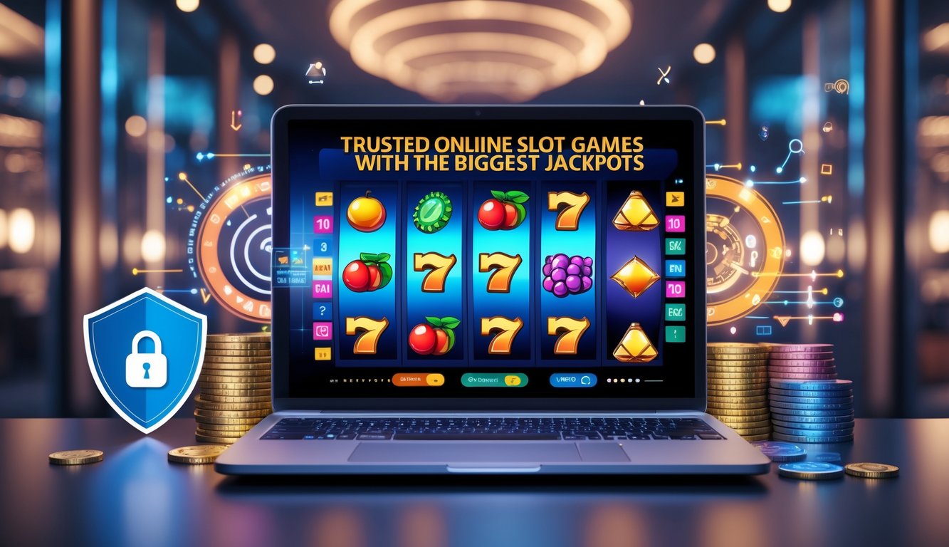 Seorang pria menggunakan komputer dengan layar menampilkan permainan slot online berwarna-warni, dikelilingi ikon keamanan seperti gembok dan perisai, di ruangan modern yang terang.