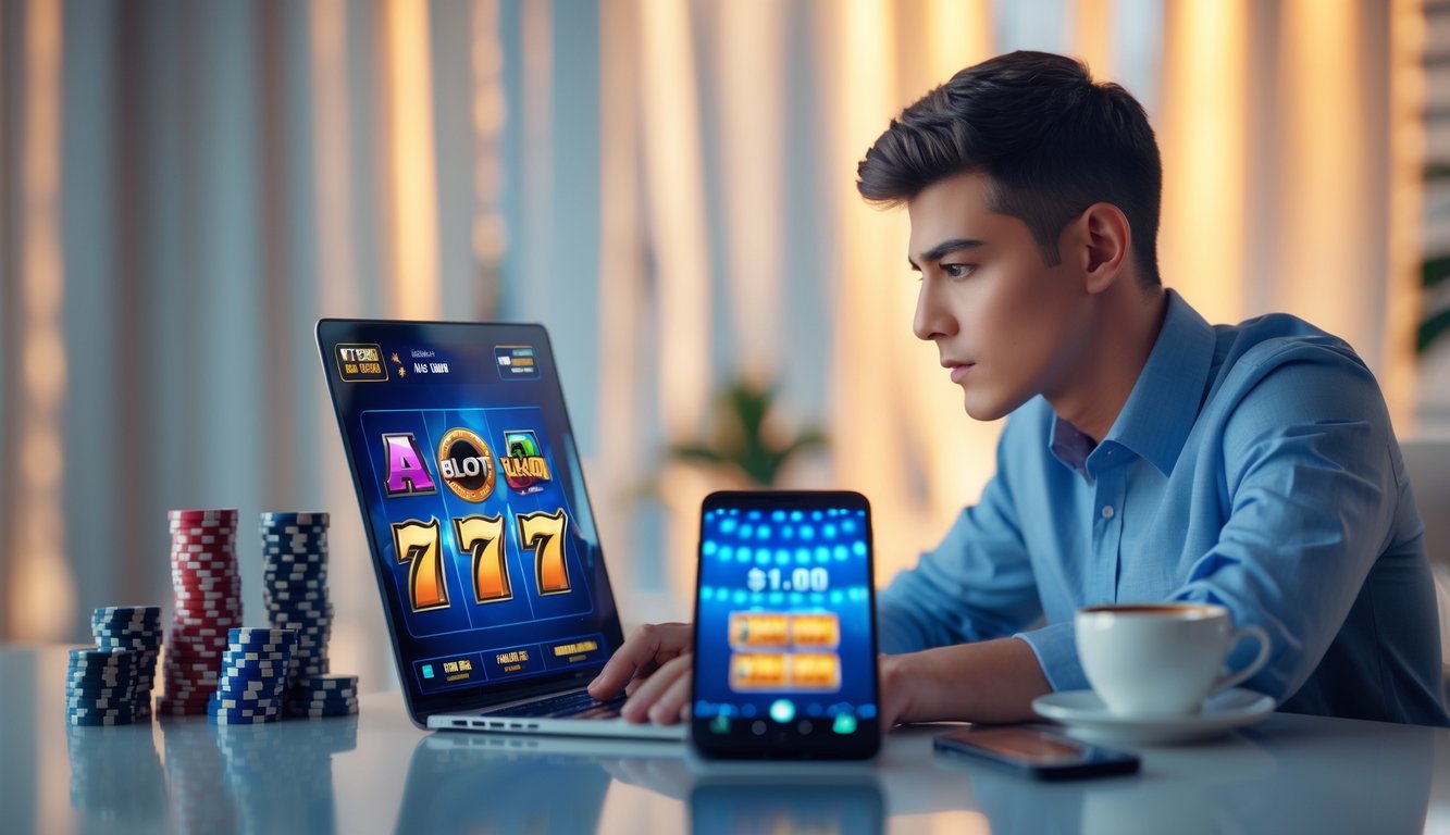 Seorang pria muda duduk di depan laptop dengan tampilan permainan slot online, dikelilingi chip poker dan ponsel, di ruangan dengan pencahayaan hangat.