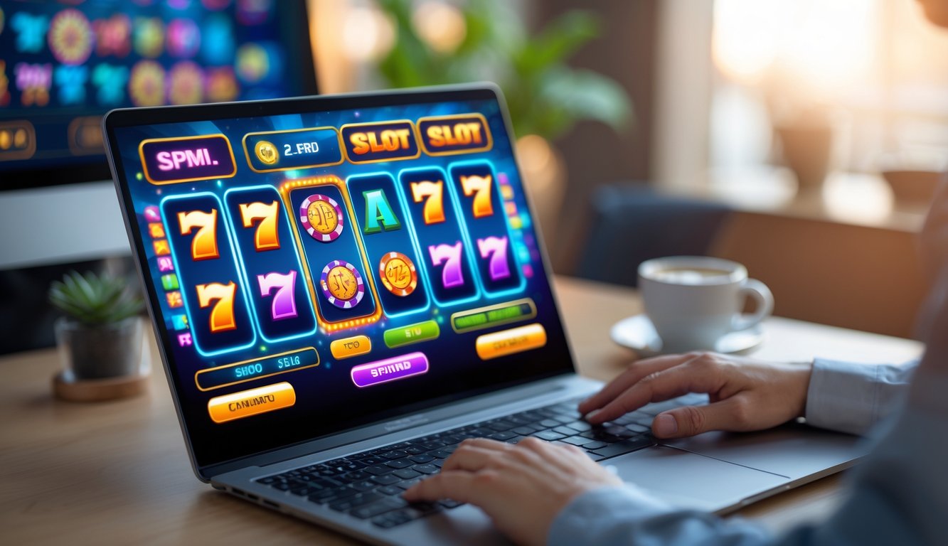 Seorang pengguna komputer sedang bermain permainan slot online dengan tampilan layar penuh warna di meja kerja yang rapi.