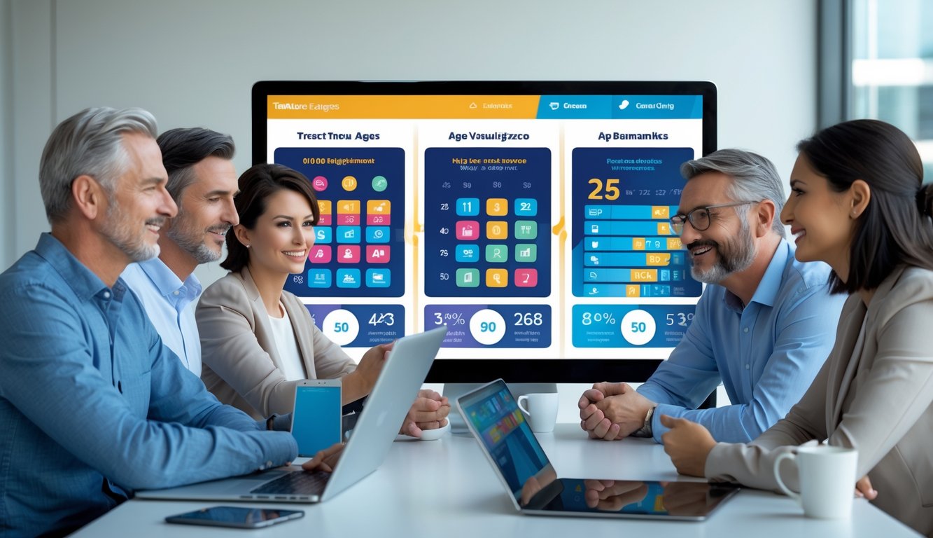 Sekelompok orang dewasa dari berbagai usia sedang berdiskusi di depan layar sentuh besar yang menampilkan grafik dan gambar mesin slot digital.