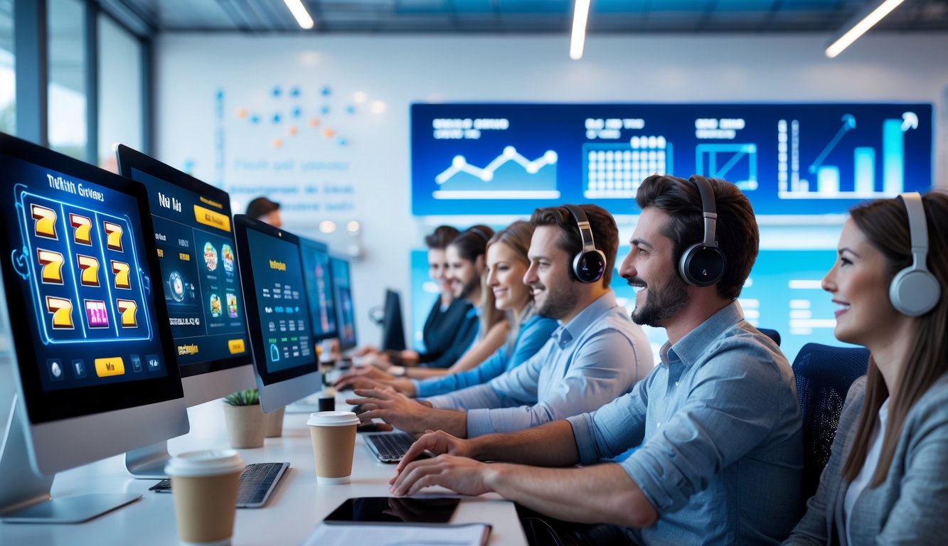 Orang-orang menggunakan perangkat digital untuk bermain judi slot online di lingkungan yang modern dan nyaman.