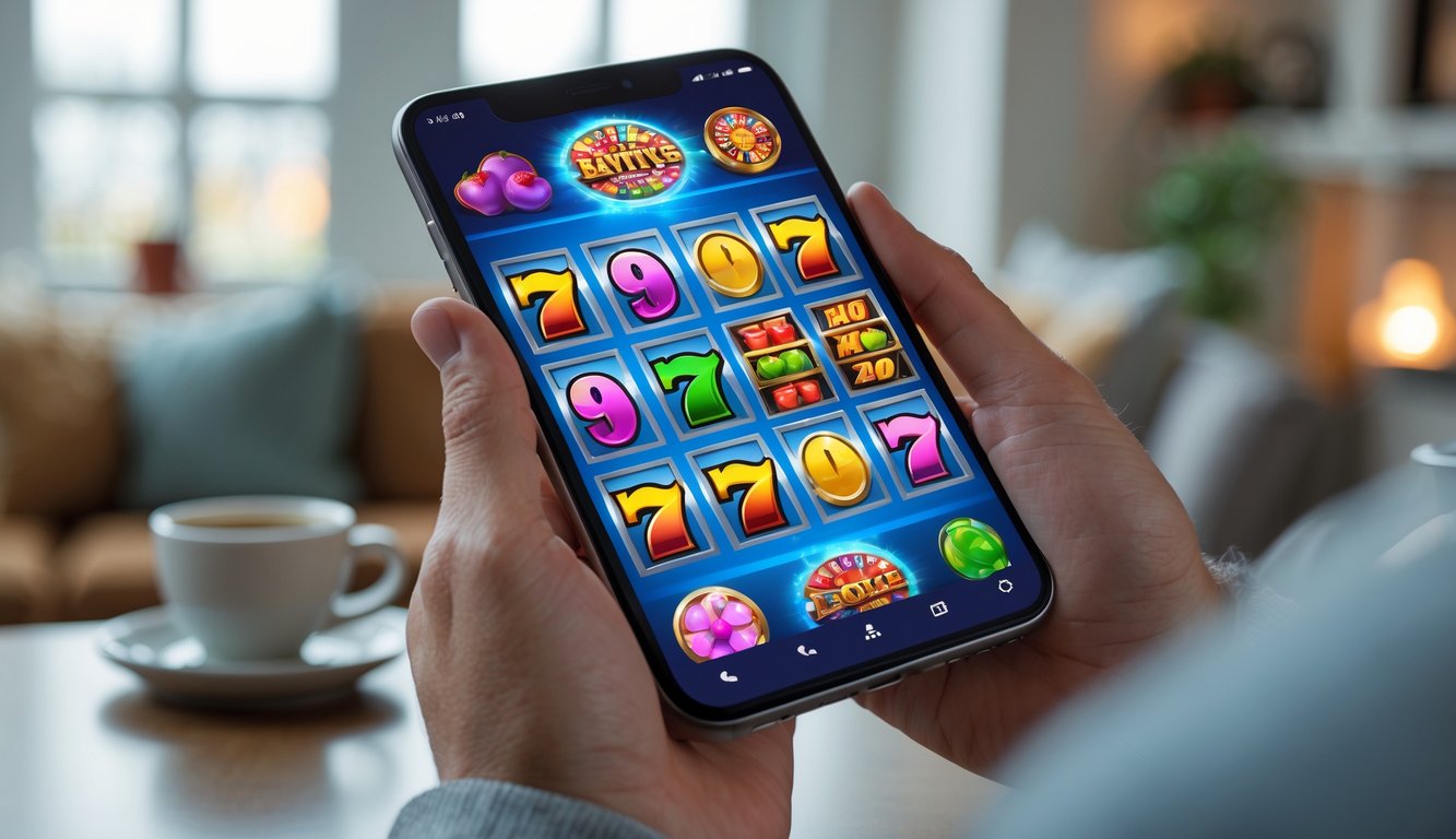 Seseorang memegang smartphone yang menampilkan permainan slot online dengan latar ruangan nyaman dan terang.