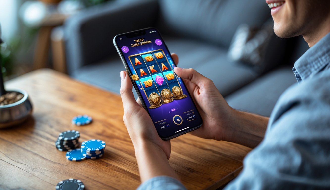 Seseorang menggunakan ponsel pintar untuk bermain permainan slot judi online di dalam ruangan yang nyaman.