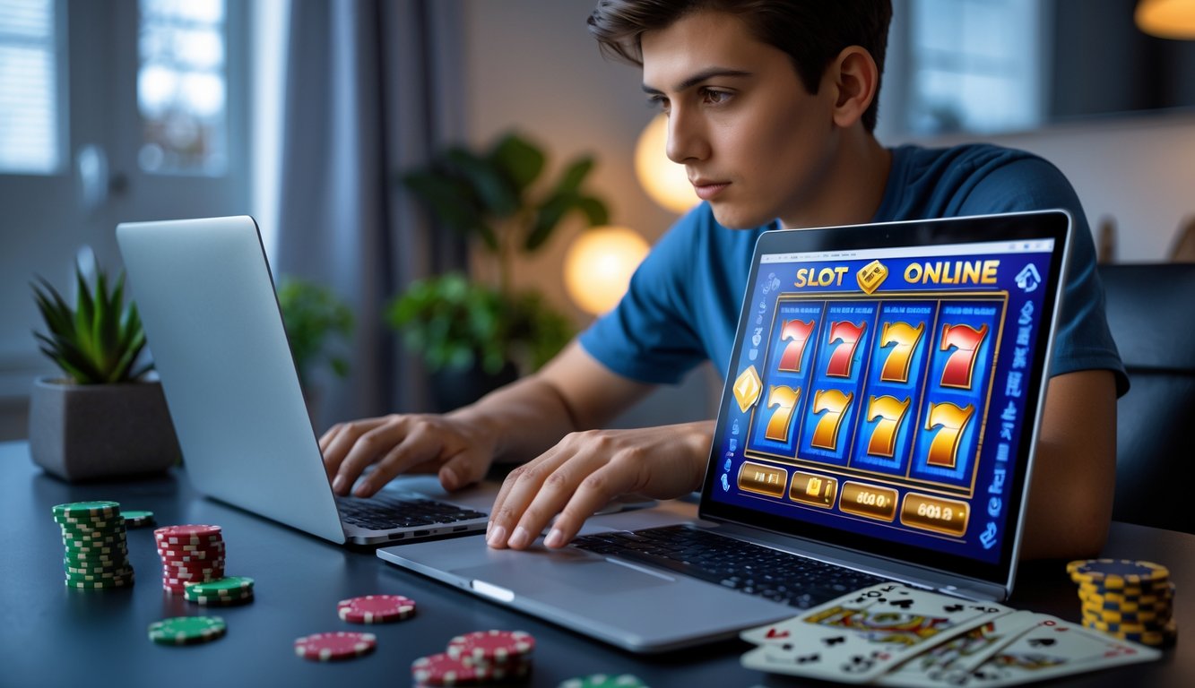 Seorang dewasa muda duduk di meja dengan laptop yang menampilkan permainan slot online, di sekitarnya terdapat chip poker dan uang, terlihat ekspresi berpikir.