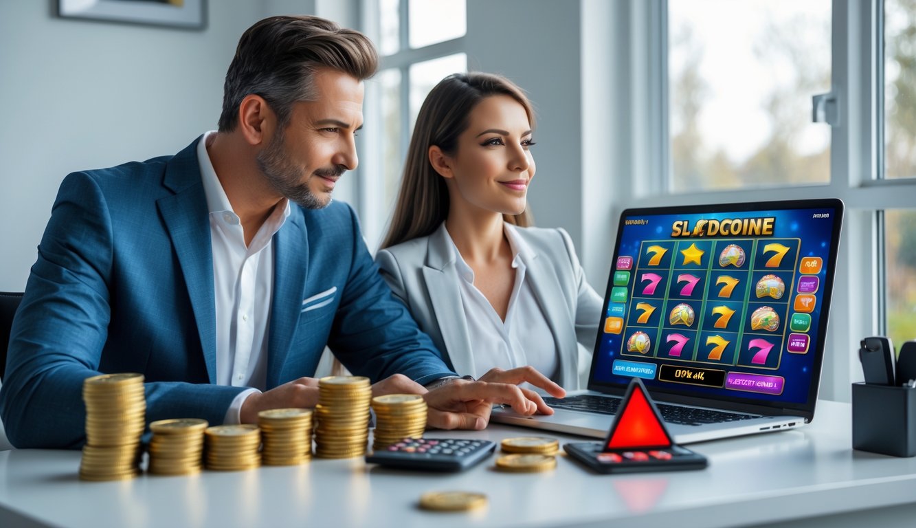 Seorang pria dan wanita duduk di meja komputer di rumah, bermain permainan slot online dengan ekspresi serius dan fokus, di meja terdapat tumpukan koin dan tanda peringatan kecil.