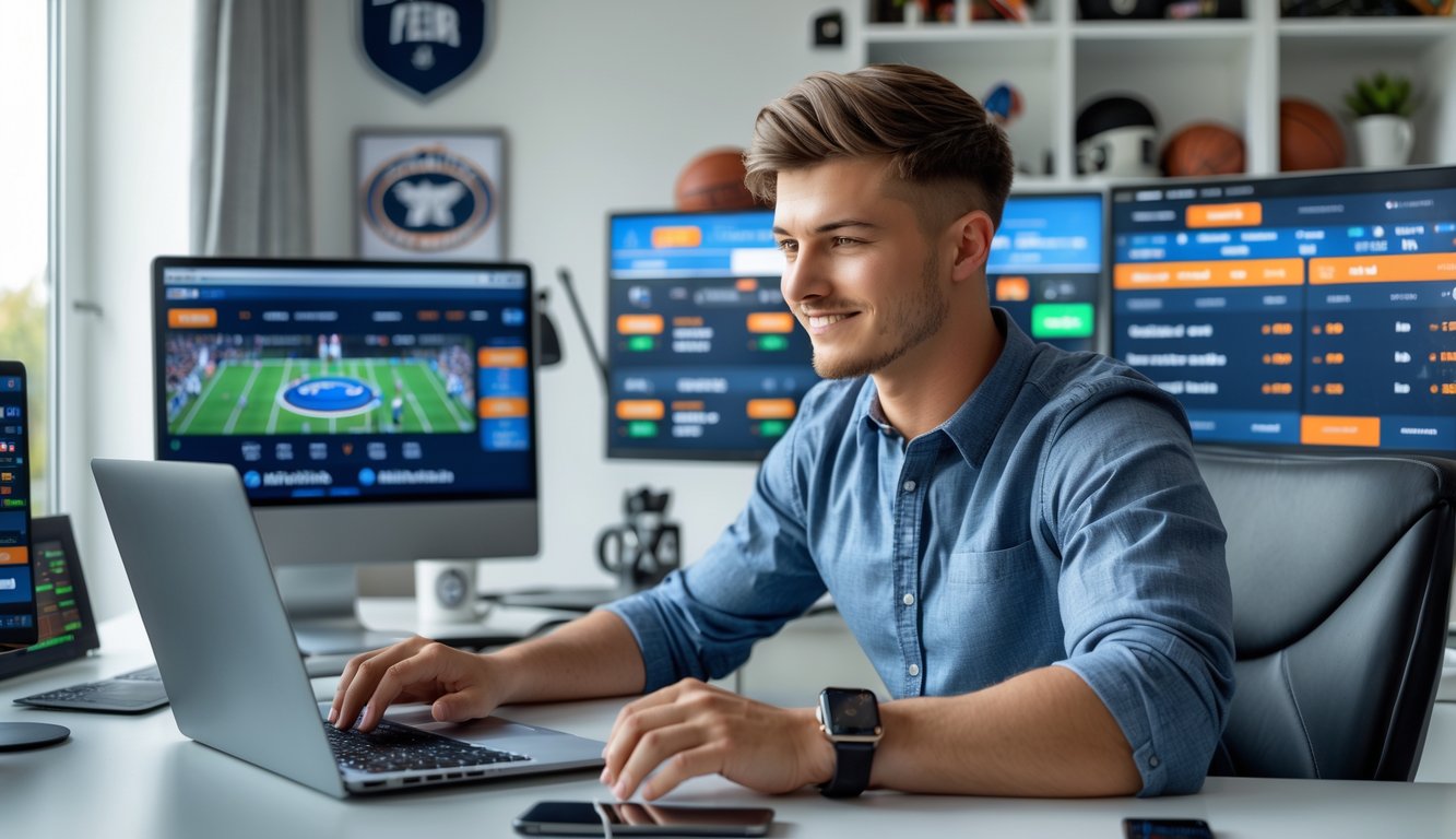 Seorang pria muda duduk di meja dengan beberapa layar menampilkan pertandingan olahraga dan peluang taruhan, menggunakan laptop dan ponsel di ruang kerja yang rapi.